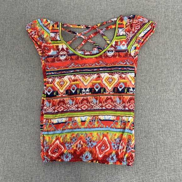 Belle Du Jour Multicolor Shirt Short Cap Sleeve Small Polyester Crisscross Back - Picture 10 of 14